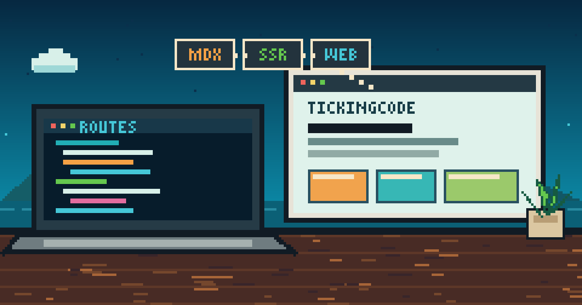 Pixel-art laptop and browser showing the code-to-website workflow for tickingCode.