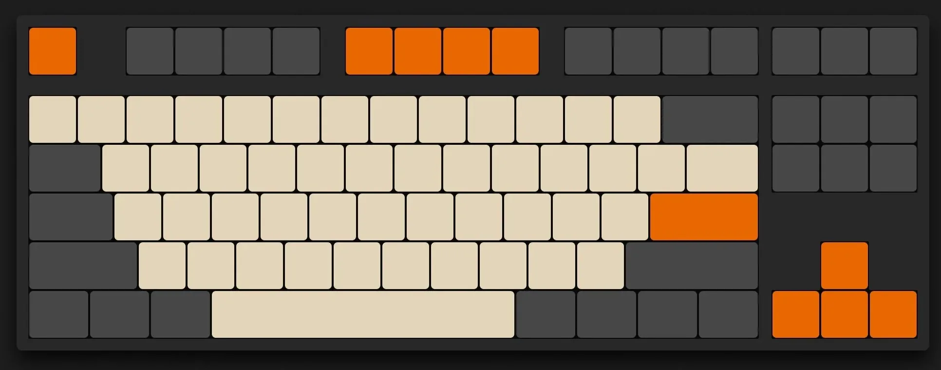 Dark mechanical keyboard with cream and orange keycaps.