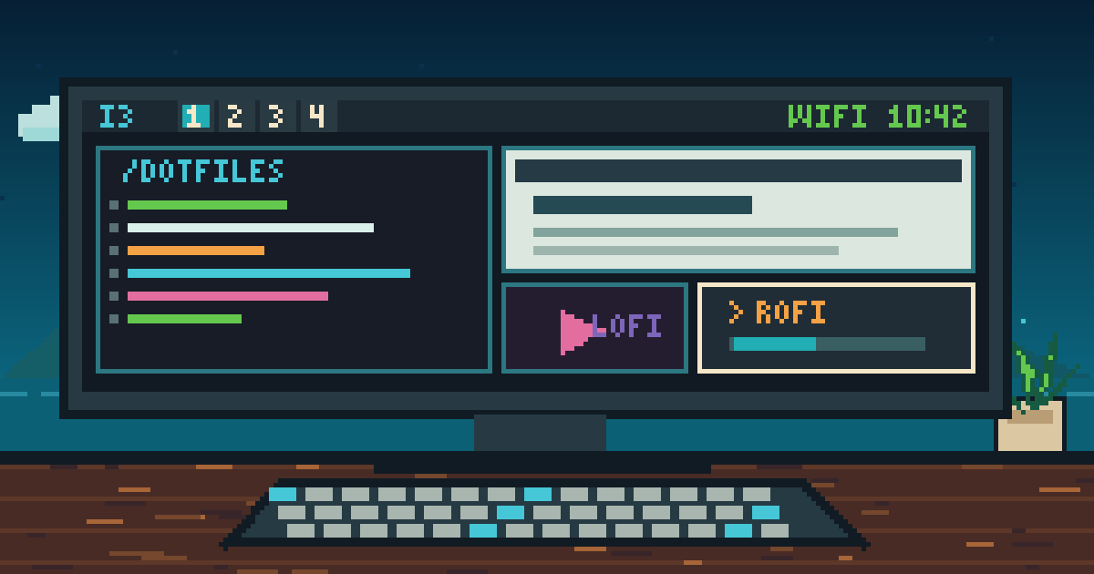 Pixel-art Linux desktop with tiled windows, Polybar, Rofi, and a terminal.